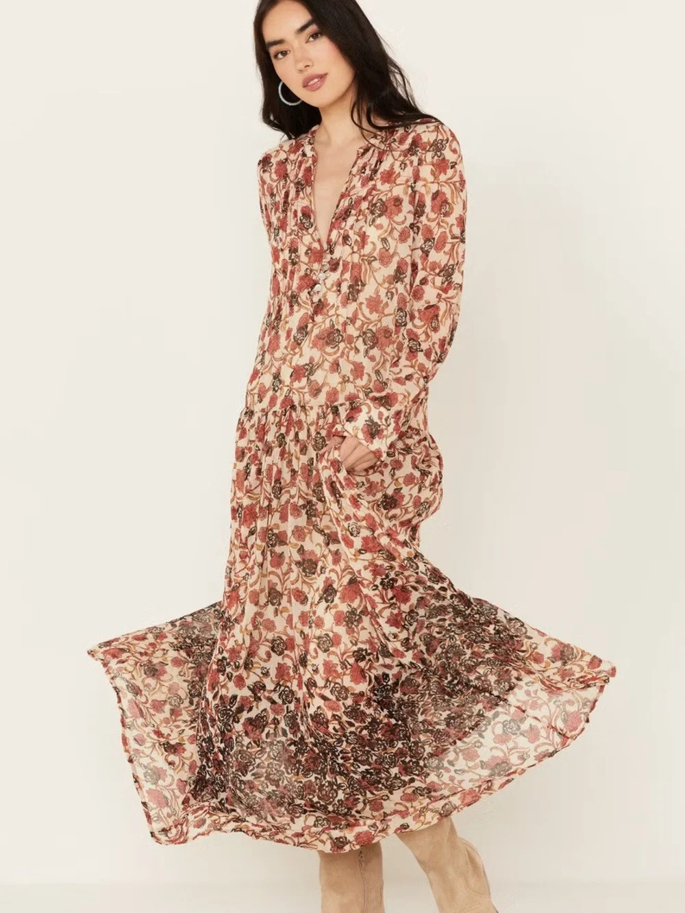 Free People See it Through Rose Multi Floral Long Sleeve Maxi Dress XSTP